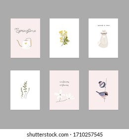 cute spring postcards  with hand drawn florals, birds and other springtime elements