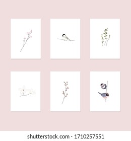 cute spring postcards  with hand drawn florals, birds and other springtime elements