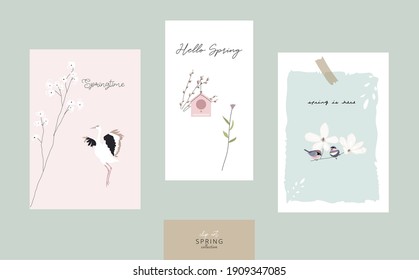 cute spring postcards  with hand drawn florals, birds and other springtime elements