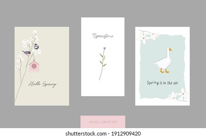 cute spring postcards  with hand drawn florals, birds and other springtime elements