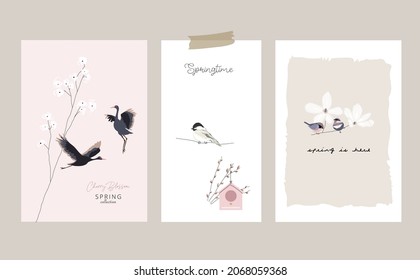 cute spring postcards  with hand drawn florals, birds and other springtime elements