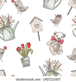 
cute spring print for design. seamless pattern with teddy bear, bird, watering can with flowers, birdhouse, tulips on a white background