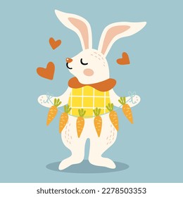 cute spring rabbit in a standing position holding a garland of carrots