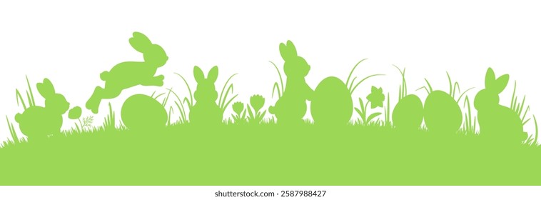 Cute spring rabbits on the meadow grass. Easter bunny and egg border. Springtime lawn silhouette. Fun animal characters in the nature. Vector frame design element egg hunt game holiday decoration.