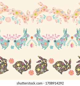 Cute Spring Rabbits Vector Seamless Horizontal Borders Set