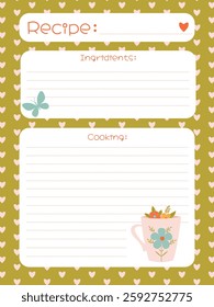 Cute spring recipe notebook template with cup and hearts