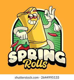 Cute Spring Roll Food Cartoon Characters in Retro 70s Illustration