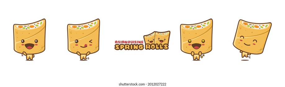 Cute Spring Roll Mascot Character, Food Cartoon Illustration, With Different Facial Expressions And Poses, Isolated On A White Background