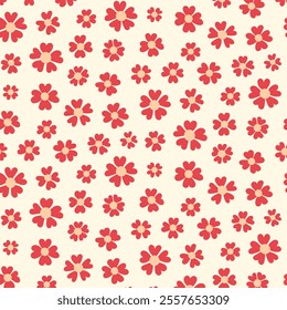 Cute spring romantic love seamless pattern with red flowers, hearts. Vector background for valentine's day.