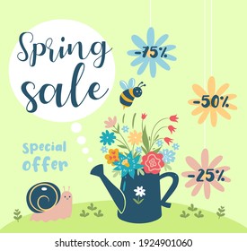 Cute spring sale banner with flowers. Vector graphics.