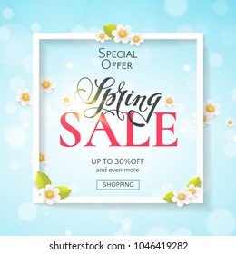 Cute spring sale banner with text and cartoon chamomiles on the blue background with effect bokeh. Vector template with frame and flowers for design of flyers and newsletters with discount offers.