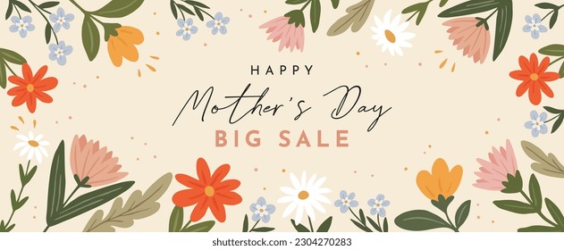 Cute Spring Sales Banner With Colorful Flowers On Beige Background. Ideal For Mother’s Day Promotions. Vector Graphic Template Great For Social Media Designs.