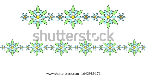 Cute spring seamless border of\
flowers and leaves. Floral divider for web pages and prints in\
green and blue. Vector spring divider - flowers and\
leaves.