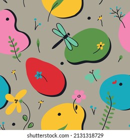 Cute spring seamless easter pattern with flowers, leaves, animals. Vintage flat design. Template for prints on fabric, web pages, wedding invitations, cards. Boho bright herb background.