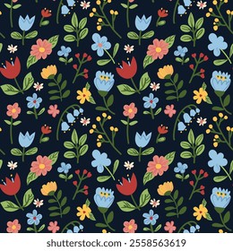 Cute spring seamless floral pattern. Colorful flowers on a black background. Hand-drawn minimalism