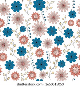 Cute spring seamless pattern with abstract flowers. Classic blue, brown and white colors. For scrapbooking, fabric, diary, phone cases, wrapping paper, notebook covers.