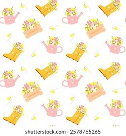 Cute spring seamless pattern with beautiful flowers in watering can and rubber boots. Childish vector seamless pattern perfect for clothes, nursery, textile, wrapping paper and so on