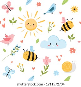 Cute spring seamless pattern with bees, sun, cloud, birds and flowers. Flat hand drawn cartoon style vector illustration. Adorable Childish pattern for fabrics, textile, wrapping, background.