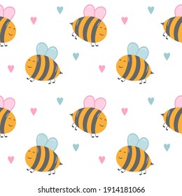 Cute spring seamless pattern with bees and hearts in cartoon style. Vector illustration isolated on white background.