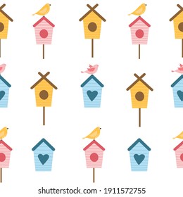 Cute spring seamless pattern with birds and birdhouses. Flat hand drawn cartoon style vector illustration. Adorable Childish pattern for fabrics, textile, wrapping, background.