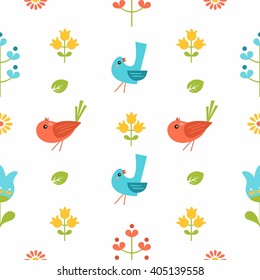 Cute spring seamless pattern with birds, flowers, leaves