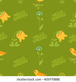 Cute spring seamless pattern with birds, flowers, leaves and inscription