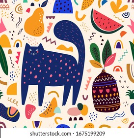 Cute spring seamless pattern with cat. Decorative abstract illustration with colorful doodles. Hand-drawn modern illustration with cats, flowers, abstract elements