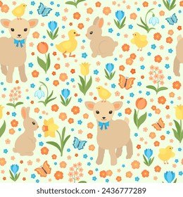 Cute spring seamless pattern with Easter bunny and lamb. Spring cottagecore vibe Easter pattern repeat design - adorable rabbit, bunnies, duckling and baby chick. Spring flowers, butterflies, animals.