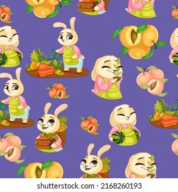 Cute Spring seamless pattern on purple background with cute bunnies and delicious peaches. Texture for scrapbooking, wrapping paper, invitations. Vector illustration.