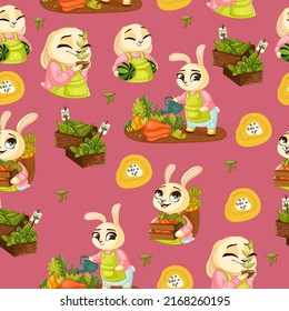 Cute Spring seamless pattern on a dark pink background with cute bunnies, plants, spinach and flowers. Texture for fabric, wrapping paper, postcards.