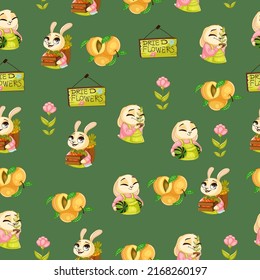 Cute Spring seamless pattern on green background with cute bunnies, delicious peach, flowers and gardening tools. Great for fabric, wallpaper, textile, wrapping. Vector illustration.