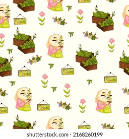 Cute spring seamless pattern on white background with cute bunnies, tasty herbs, pretty flowers and gardening tools. Texture for scrapbooking, wrapping paper, invitations. Vector illustration.