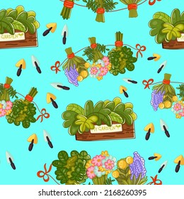 Cute spring seamless pattern on a blue background with beautiful plants, botanical flowers and cute gardening tools. Texture for scrapbooking, wrapping paper, invitations. Vector illustration.