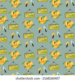 Cute spring seamless pattern on a green background with delicious peaches and beautiful gardening tools. Texture for scrapbooking, wrapping paper, invitations.Vector illustration.