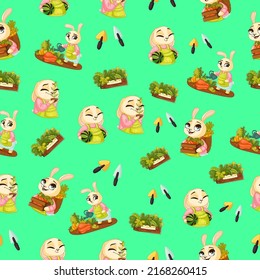 Cute spring seamless pattern on a turquoise background with cute bunnies, tasty herbs, pretty flowers and gardening tools. Texture for scrapbooking, wrapping paper, invitations. Vector illustration.