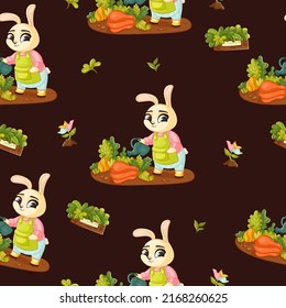 Cute spring seamless pattern on a brown background with cute bunnies and pretty flowers. Texture for scrapbooking, wrapping paper, invitations. Vector illustration.