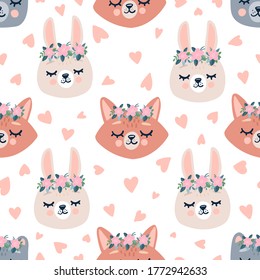 Cute spring seamless pattern with sleeping forest animals heads in wreaths with flowers. Hand drawn background with characters for children, fabric, clothes and pajamas in the Scandinavian style.