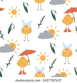 Cute spring seamless pattern with sun, clouds, birds and flowers. Flat vector illustration in cartoon style. Adorable childish pattern for fabrics, textiles, packaging, background.