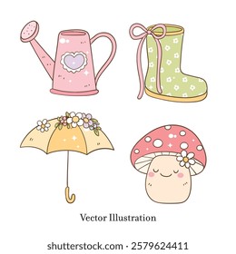 Cute Spring Season with Spring Gardening Tool Vector Illustration