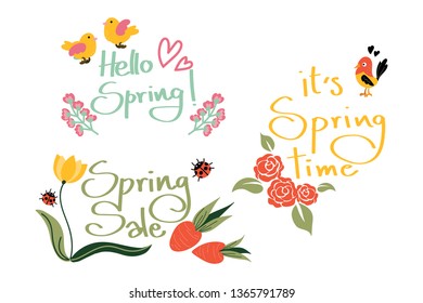 Cute Spring season text collection of Hello Spring, Spring Sale and it's Spring time text with little birds, ladybugs, carrots and flowers. Vector illustration.