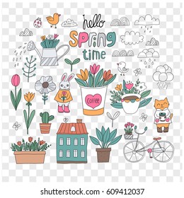 Cute spring set with bunny, cat, bicycle, house, cactus, flowers, tulips, clouds, birds, coffee cup and mug