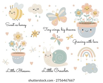 A cute spring set featuring flowers, butterflies, a bee, and a snail, with simple, child-friendly designs