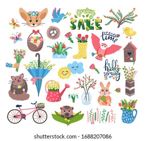 Cute spring set vector illustration. Cartoon flat blooming flowers, happy animal or bird characters in birdhouse, floral decorations, butterfly. Springtime Easter cuteness set icons isolated on white