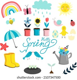 cute spring set, vector illustrations, with bugs, flowers, sunlight, rainbow and birds