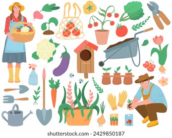 Lindo conjunto de primavera de verduras, flores, herramientas para trabajar en el jardín. Joven y chica cuidando el jardín. Dibujado a mano ilustración vectorial