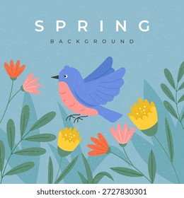 Cartel cuadrado lindo de la primavera con el pájaro azul y el jardín floral en fondo azul suave. Ilustración vectorial