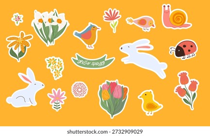 Cute spring sticker set with bunnies, birds, and flowers. Hand-drawn clip art. For planners, nursery decor, and seasonal DIY craft projects. Vector illustration