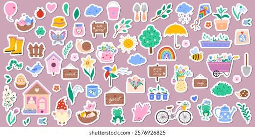 Cute spring stickers set with flower, bird, insect, weather icons, garden tools, seedlings, heart, bicycle, cloud. Vector illustration for sticker kit, scrapbooking, greeting card, poster, tag