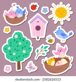 Cute spring stickers set with flower, bird, insect, birdhouse, tree, sun, ladybug, bee. Vector illustration for kids sticker kit, scrapbooking, greeting card, poster, tag