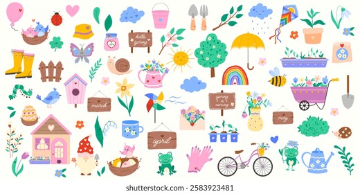 Cute spring stickers set with flower, bird, insect, weather icons, garden tools, seedlings, heart, bicycle, cloud. Vector illustration for sticker kit, scrapbooking, greeting card, poster, tag